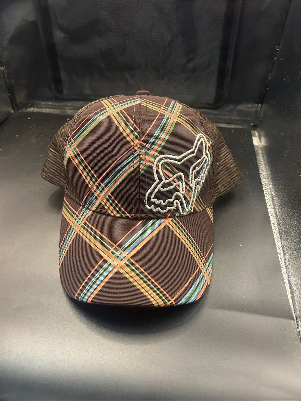 Fox Brown Plaid Trucker Hat with Logo Patch